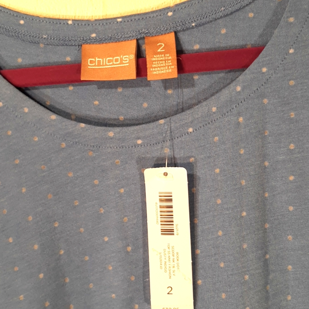 Chico's NWT Scoop Neck Tie Sleeve Top Size 2 (Med 12-14) Dotted Dusty Indigo